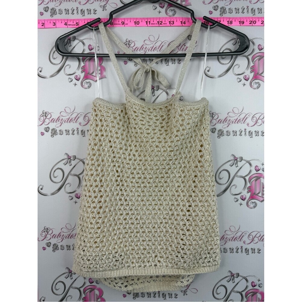 Garage tank top halter sparkly shimmer Cream Crochet Knit Halter Tank Top